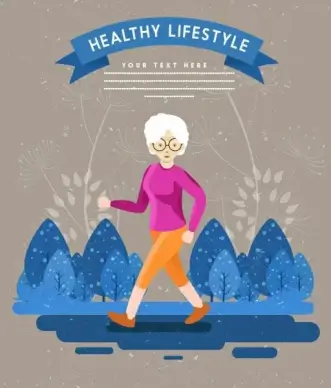 healthy lifestyle banner old woman walking cartoon design