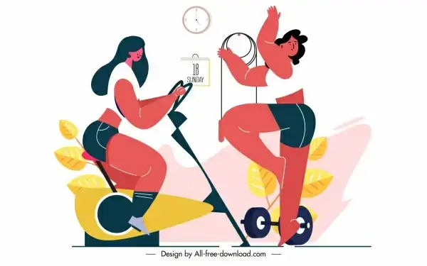 healthy lifestyle icons fitness woman sketch cartoon characters