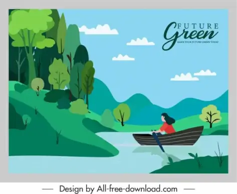 healthy lifestyle poster natural landscape rowing girl sketch