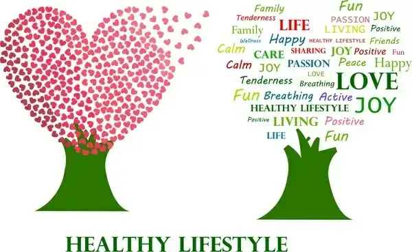 healthy lifestyle theme hearts and words trees design