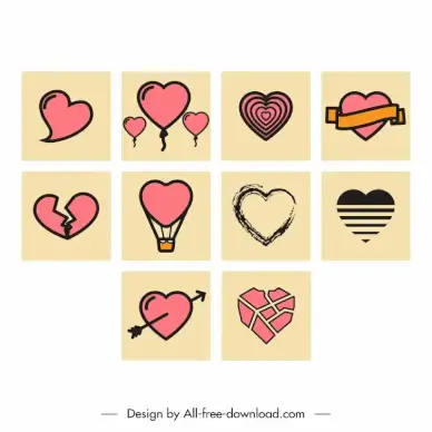 heart icon sets flat classical square isolation sketch