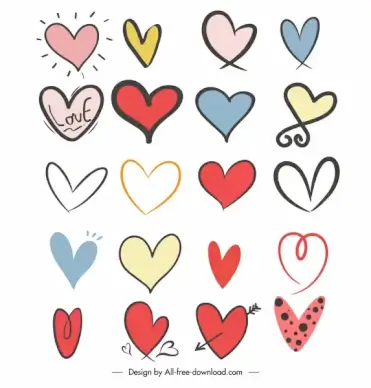 heart icons collection colored handdrawn flat sketch