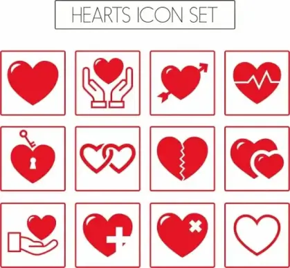 heart icons collection various red flat types isolation