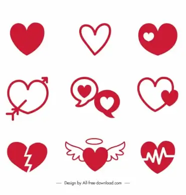 heart icons flat red white handdrawn sketch