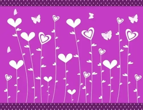 hearts flowers background violet flat design butterflies icons