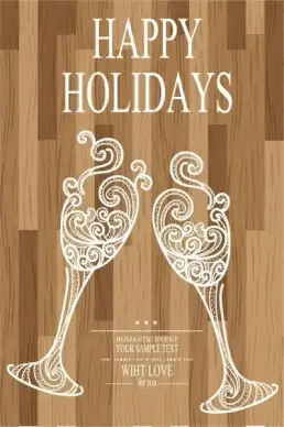 holiday banner wine glasses icons wooden backdrop