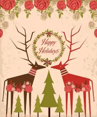 holiday greeting background reindeer tree icons roses decoration