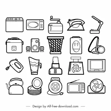 home appliances icon sets flat black white handdrawn sketch