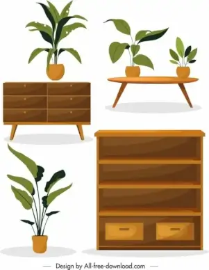 home furniture design elements shelf table pots icons