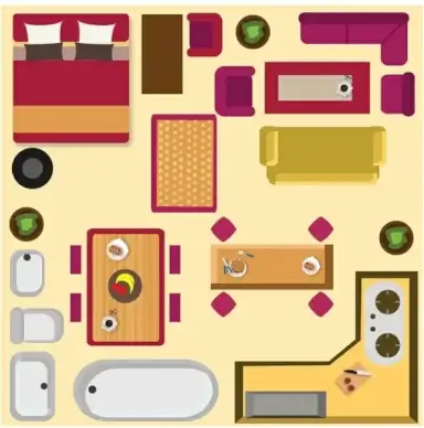 home furnitures arrangement sketch with colored flat style