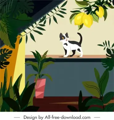 home painting cat garden balcony sketch colorful classical