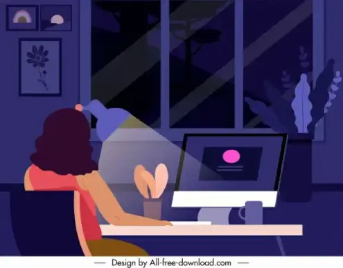 home working painting dark design woman computer sketch