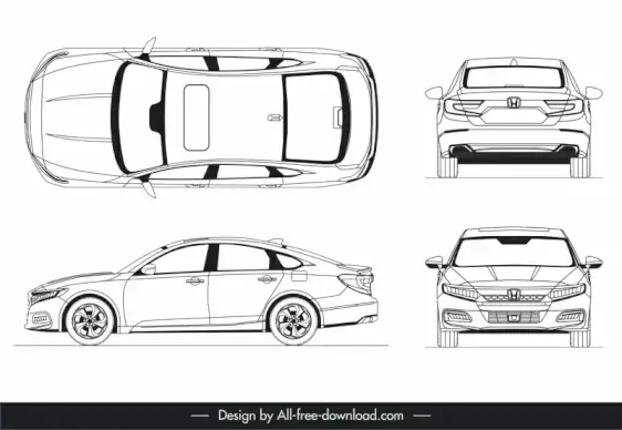 honda accord 2018 template flat black white handdrawn different views outline  