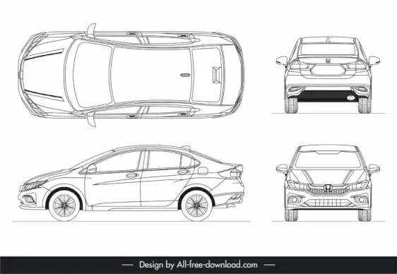 honda city 2017 car models icons different views sketch black white flat handdrawn outline 