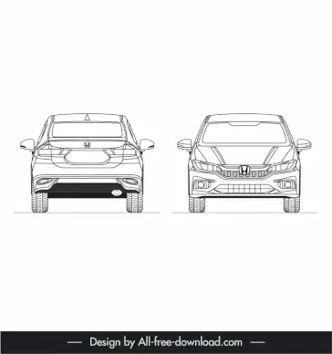 honda city 2017 car models icons flat black white front view rear view outline handdrawn design 