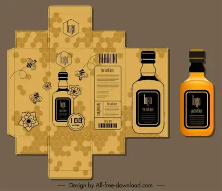 honey package template flat sketch bees petals decor