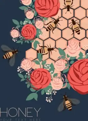 honeycomb background multicolored design rose bee icons