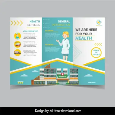 hospital health services brochure template trifold design hospital architecture sketch cute cartoon doctor