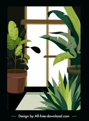 house decorative painting window flowerpot sketch retro design