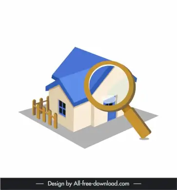 house sale design element 3d house magnifier sketch