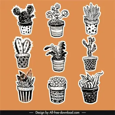 houseplants icons retro handdrawn sketch