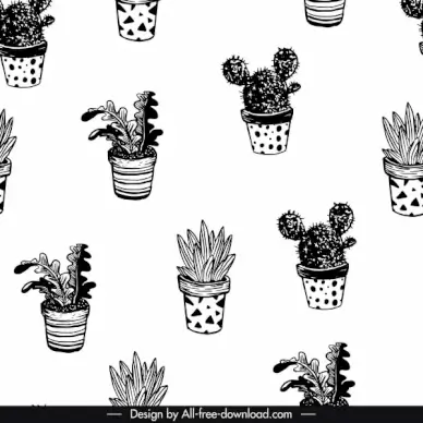 houseplants pattern black white classical handdrawn sketch