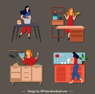 housewife work icons colored cartoon sketch