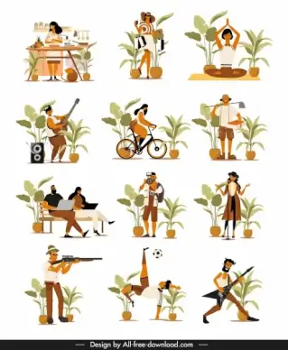 human activities icons cartoon characters sketch