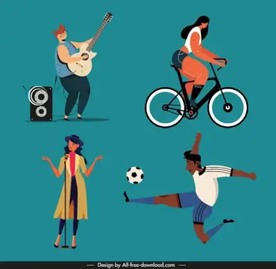 human activities icons colored cartoon characters sketch