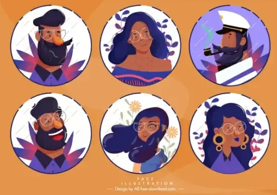 human faces icons cartoon characters sketch circle isolation