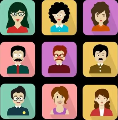 human faces icons colored squares isolation