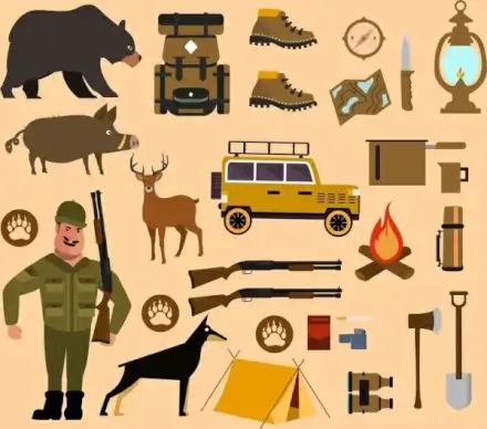 hunting camp design elements various colored icons
