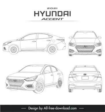 hyundai accent 2021 advertising template handdrawn black white different views outline