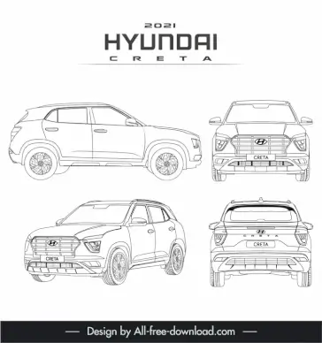 hyundai creta 2021 car advertising template black white handdrawn outline different views sketch
