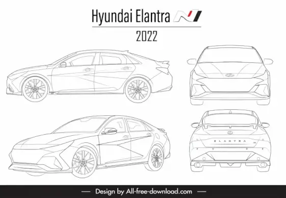 hyundai elantra n 2022 car model advertising template black white handdrawn different views outline