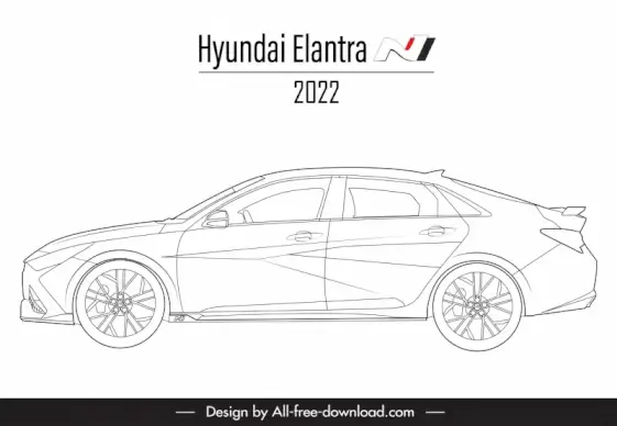 hyundai elantra n 2022 car model icon black white handdrawn sketch flat side view outline