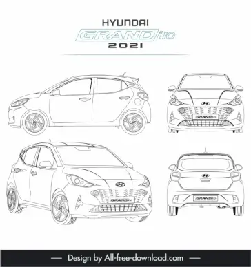 hyundai grand i10 2021 car models advertising template black white handdrawn different views outline