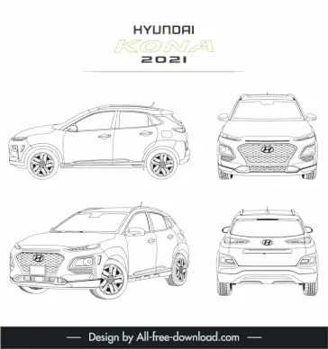 hyundai kona 2021 car model advertising template black white handdrawn outline