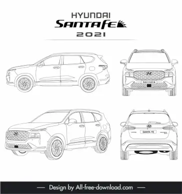 hyundai santafe 2021 car model advertising template black white handdrawn different views outline
