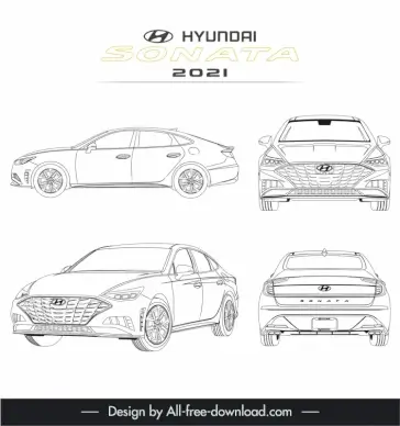 hyundai sonata 2021 car advertising template black white handdrawn different views outline