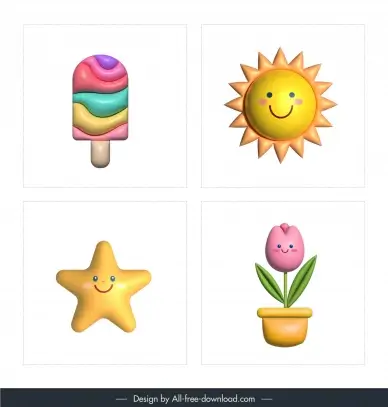 ice cream sun star tulip icons modern 2d to 3d  