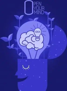 idea poster dark blue brain head lightbulb icons