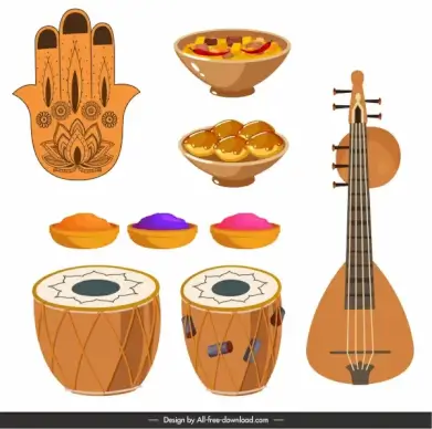 india design elements cuisines music instruments sketch