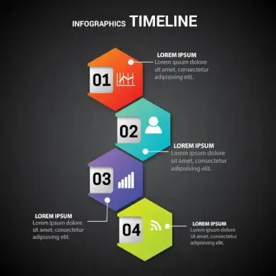 infographic timeline illustration with hexagons on dark background