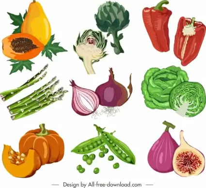 ingredient vegetable icons colored retro design