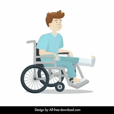 injured man icon on wheelchair plaster cast sketch cartoon design 