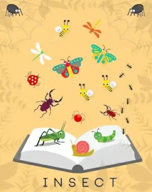 insects background various colorful emblems decoration book icon