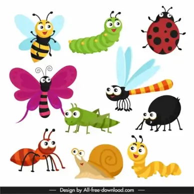 insects icons cute cartoon sketch modern colorful