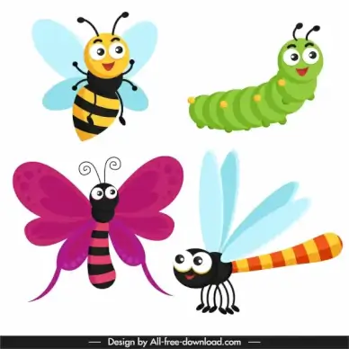 insects icons cute cartoon sketch modern design