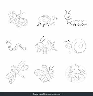 insects sets collection black white handdrawn outline